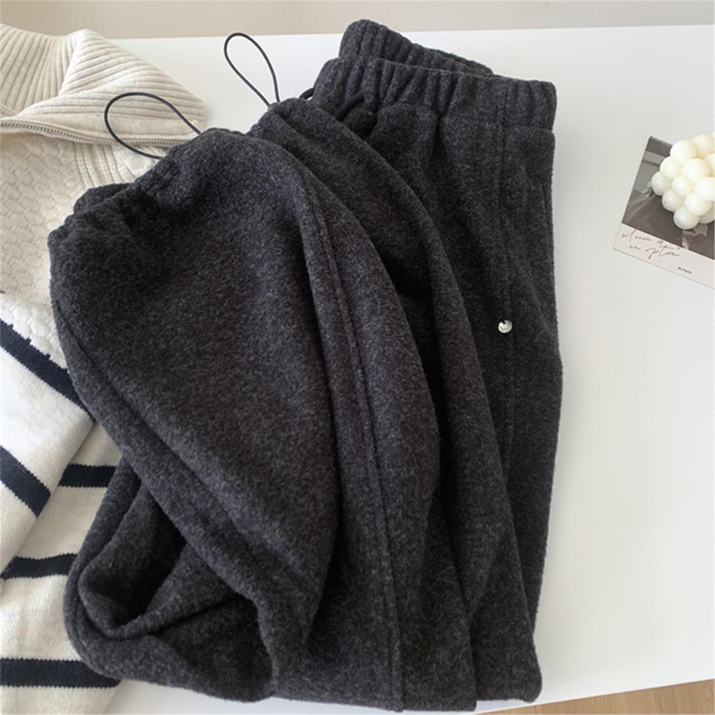 CHAO级推荐！深灰色糯米绒毛呢裤女冬季加绒保暖束脚两穿休闲裤