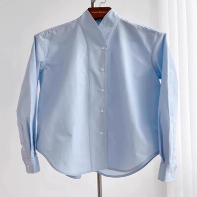 深圳南油轻奢高端货~蓝色小众V领设计感长袖上衣简约叠穿衬衫女春