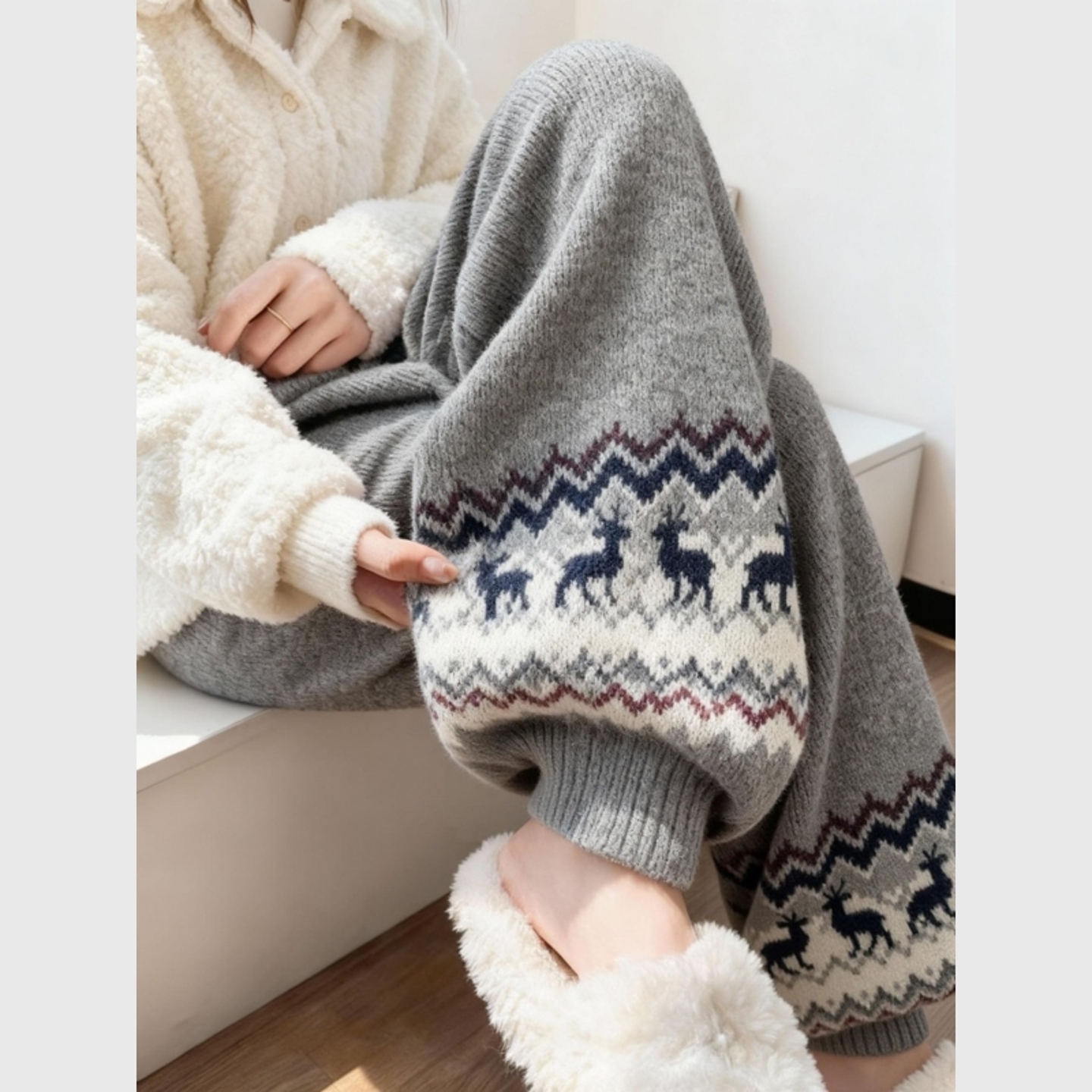 欧货重工灰色费尔岛提花垂感针织裤秋冬裤子加厚保暖束脚裤休闲裤