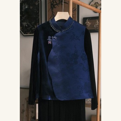 秋冬上衣女2025新款爆款新中式国风绝美巨好看高级感蓝色拼接马甲