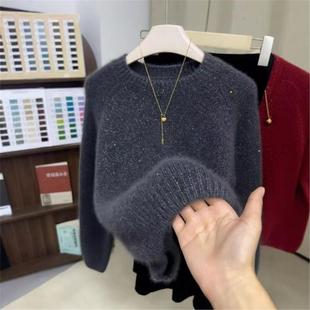 深圳南油轻奢高端货~灰色亮片针织衫毛衣女秋冬圆领宽松上衣秋冬