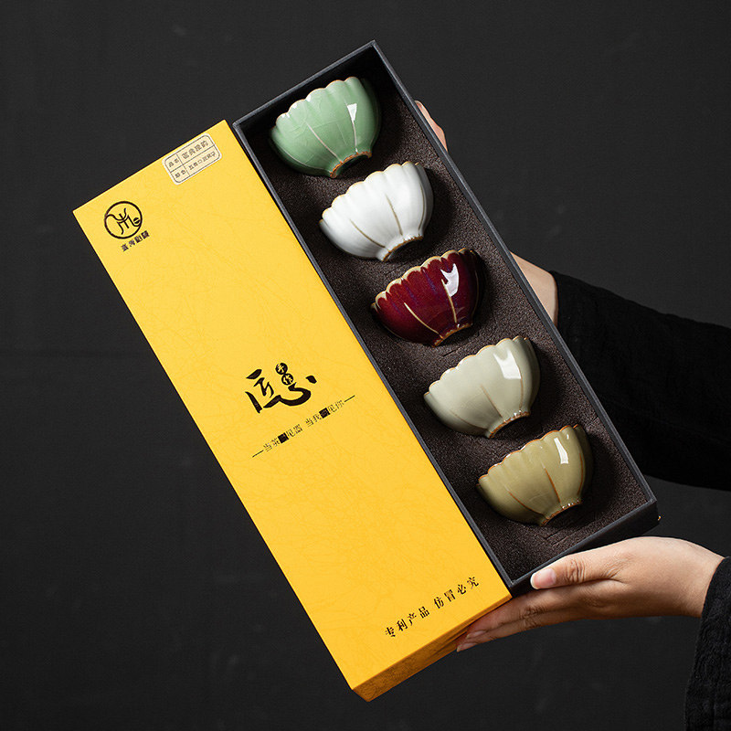 景德镇茶杯套组高档汝窑陶瓷杯五大名窑品茗杯主人杯喝茶碗礼盒装