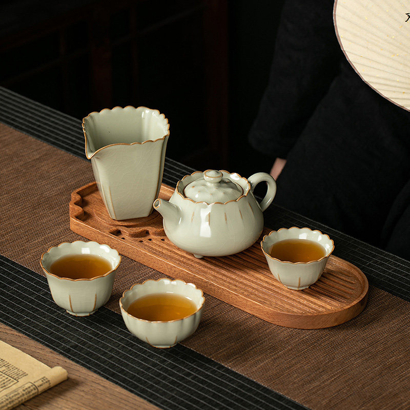 豆黄汝窑冰裂开片花茶壶茶杯功夫茶具套装家用客厅2024新款干泡台