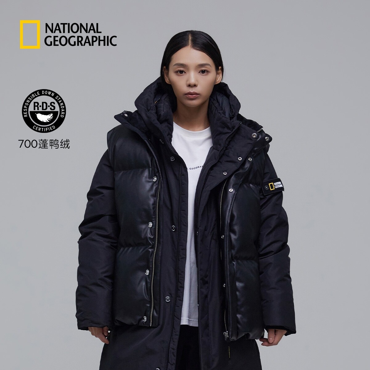 国家地理冬季经典鸭绒高领设计斜插袋羽绒马甲外套