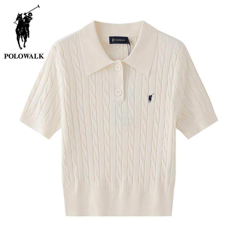 POLOWALK翻领绞花短袖针织衫女韩版2024春夏新款修身纯色麻花毛衣