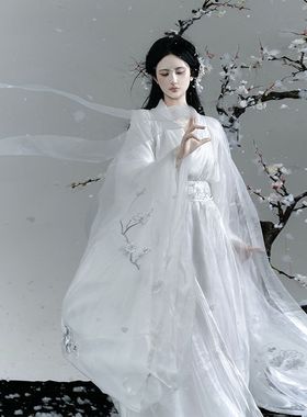 原创汉服春夏新款雪梅绣花大袖衫中国风双层交领长衫直裾汉服梅花