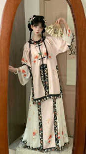 【满园】清汉女复原对襟圆领古董民族服装重工印花格格曹县马面裙