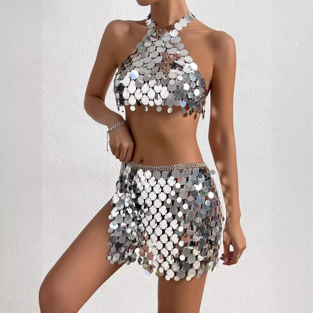 Sequined vest sexy metal sling halter neck patchwork vest