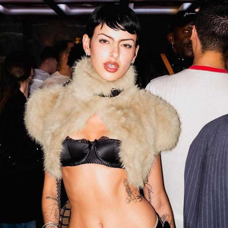 欧美时尚毛毛仿皮草马甲披肩短上衣女 Fur Crop Shawl Top Vest