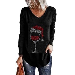 Glass Long Sleeve Shirt Christmas Womens Fun Neck Wine