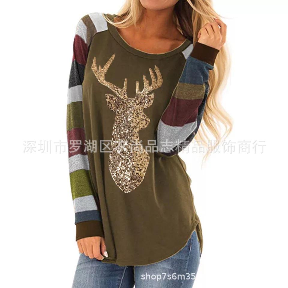 gift shirt cute sleeves long reindeer sequined striped tops