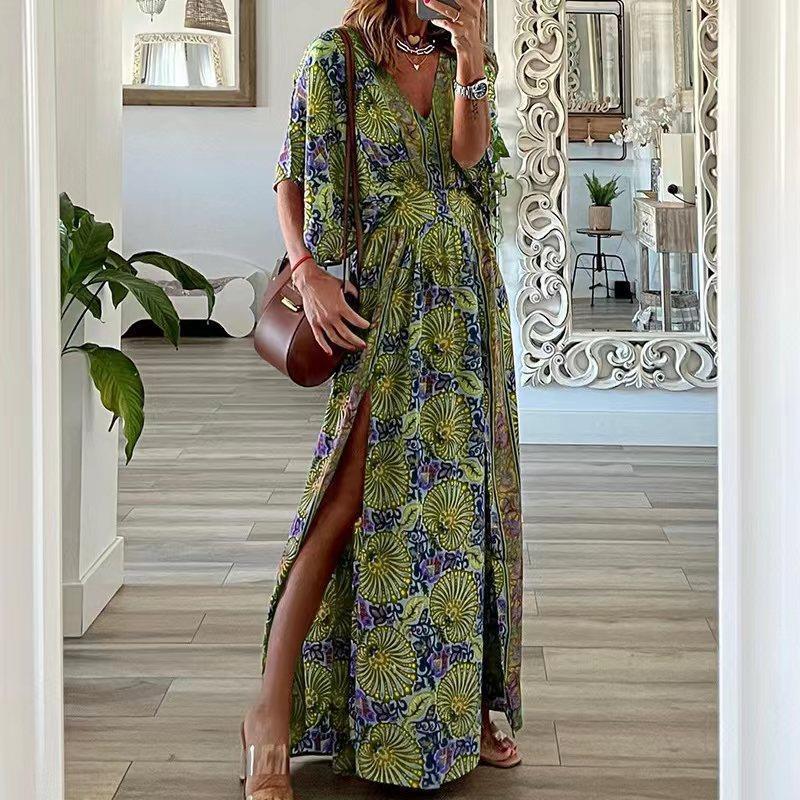 and floral bohemian print skirt waisted dress flared long