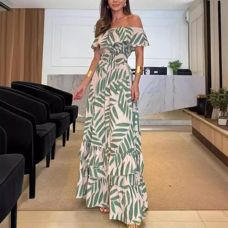 women summer dresses  casual ruffled beach slash neck