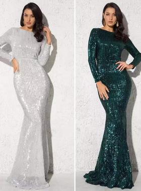 romagic modest green long sleeves mermaid sequin evening
