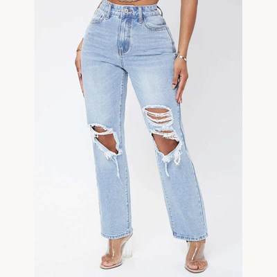 Washed jeans womens fashionable high waist ripped loose