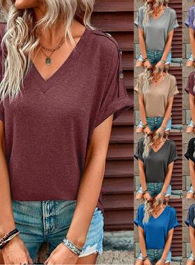 Fashion Tops Solid Twist-Button Sleeve Color Womens Short