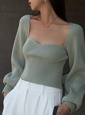 shirt bottoming sleeve lantern knitted color solid spring