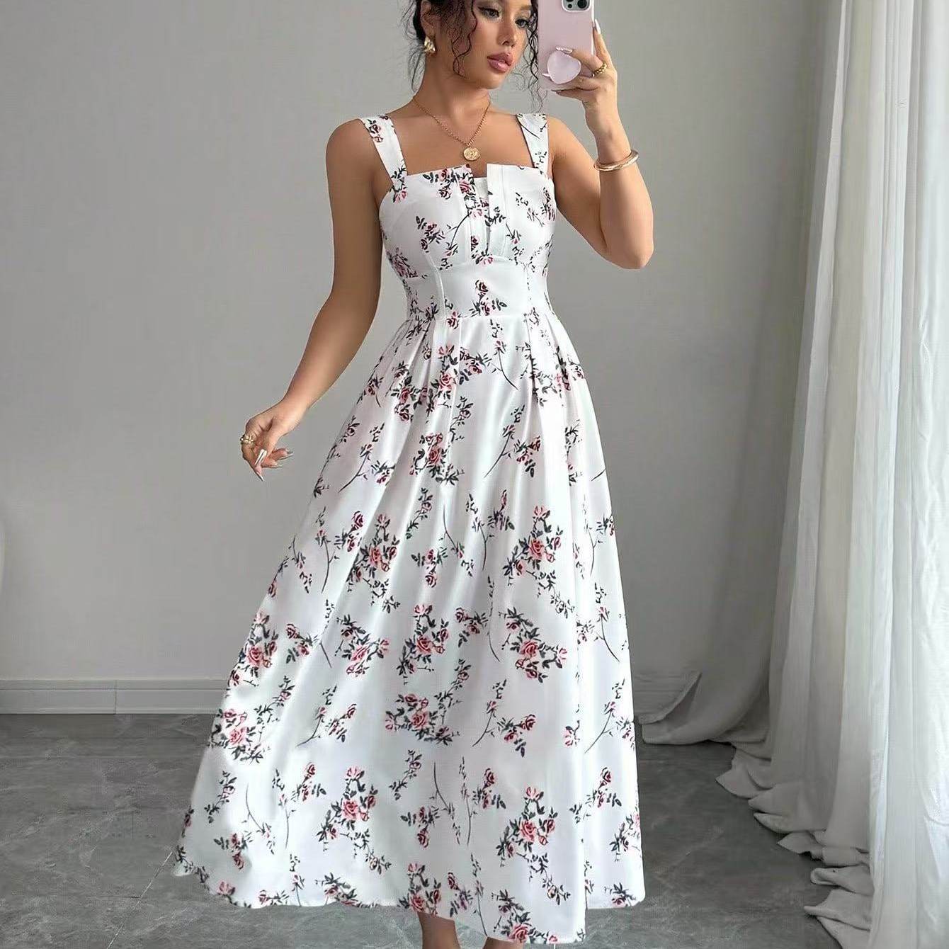 Summer sleeveless printed camisole dress修身显瘦碎花连衣裙图片