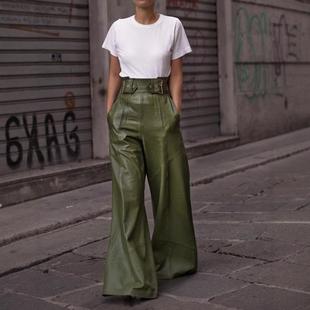 women flared leather pocket Fashion loose high pants waist