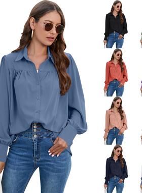 Womens Chiffon Shirt Pleated Long Sleeve Tops Large Size