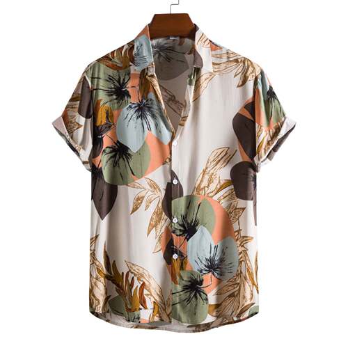 Men Casual Short Sleeve Shirts欧美时尚印花人棉休闲短袖衬衫男