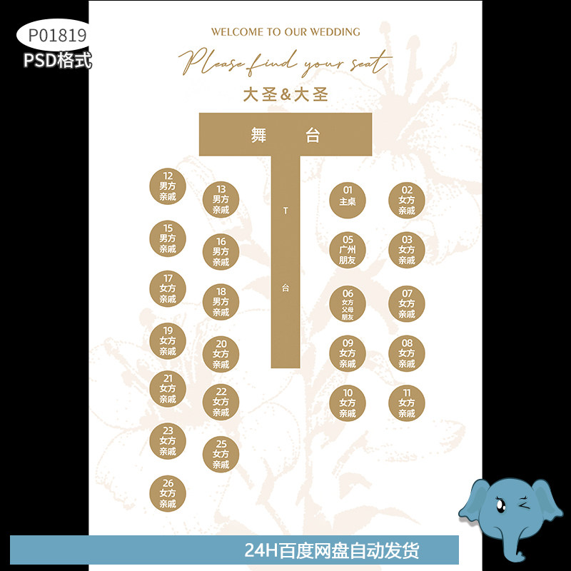 新中式婚礼座位图指引牌结婚迎宾区舞台桌卡桌牌设计素材psd格式