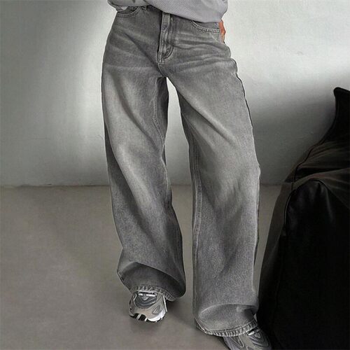 欧美休闲宽松阔腿直筒牛仔裤女 Casual Jeans Denim Pants Women