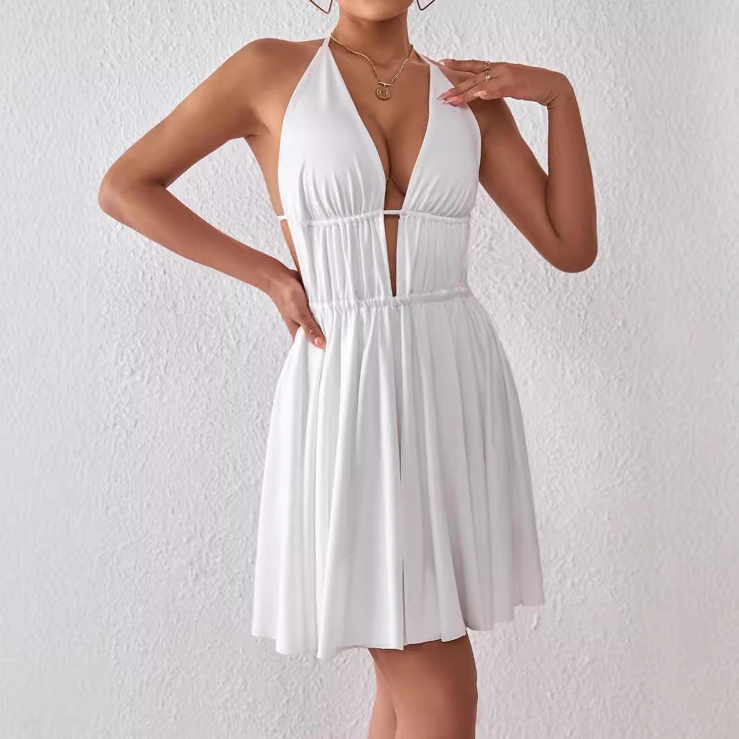 Deep V Suspender Dress Sexy Halter Neck Lace-up Backless