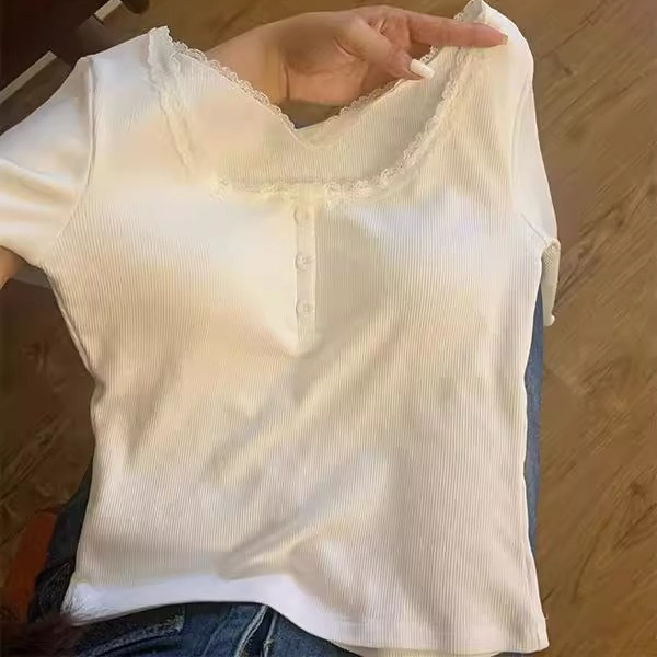 设计感小众蕾丝方领长袖T恤女春秋内搭短款打底衫修身显瘦上衣服