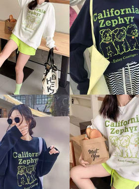 FAFA PRETTY美式复古撞绿色加州小狗印花流行爆款卫衣