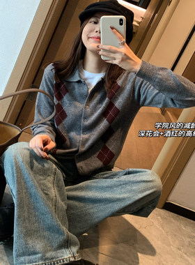 FAFA PRETTY 通勤bi备！英伦学院风菱格纹羊毛针织开衫 百搭毛衣