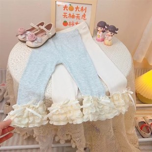 女童2025春秋新款 洋氣女寶寶百搭外穿長褲 子修身 泡芙格花邊打底褲