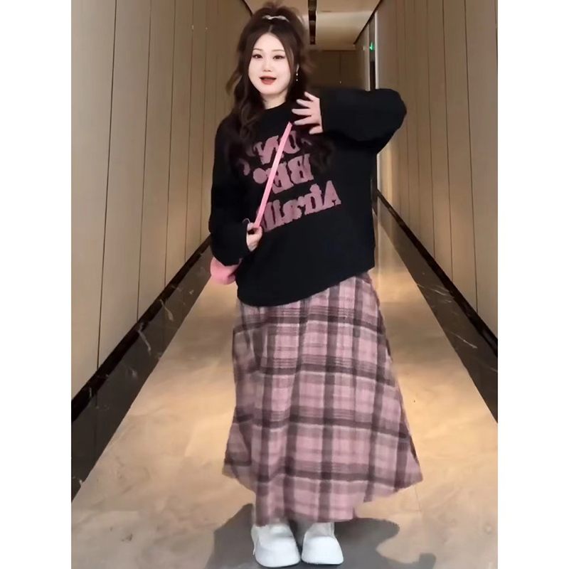 大码复古慵懒风套装裙女秋季加绒卫衣胖MM显瘦格子半身裙子两件套