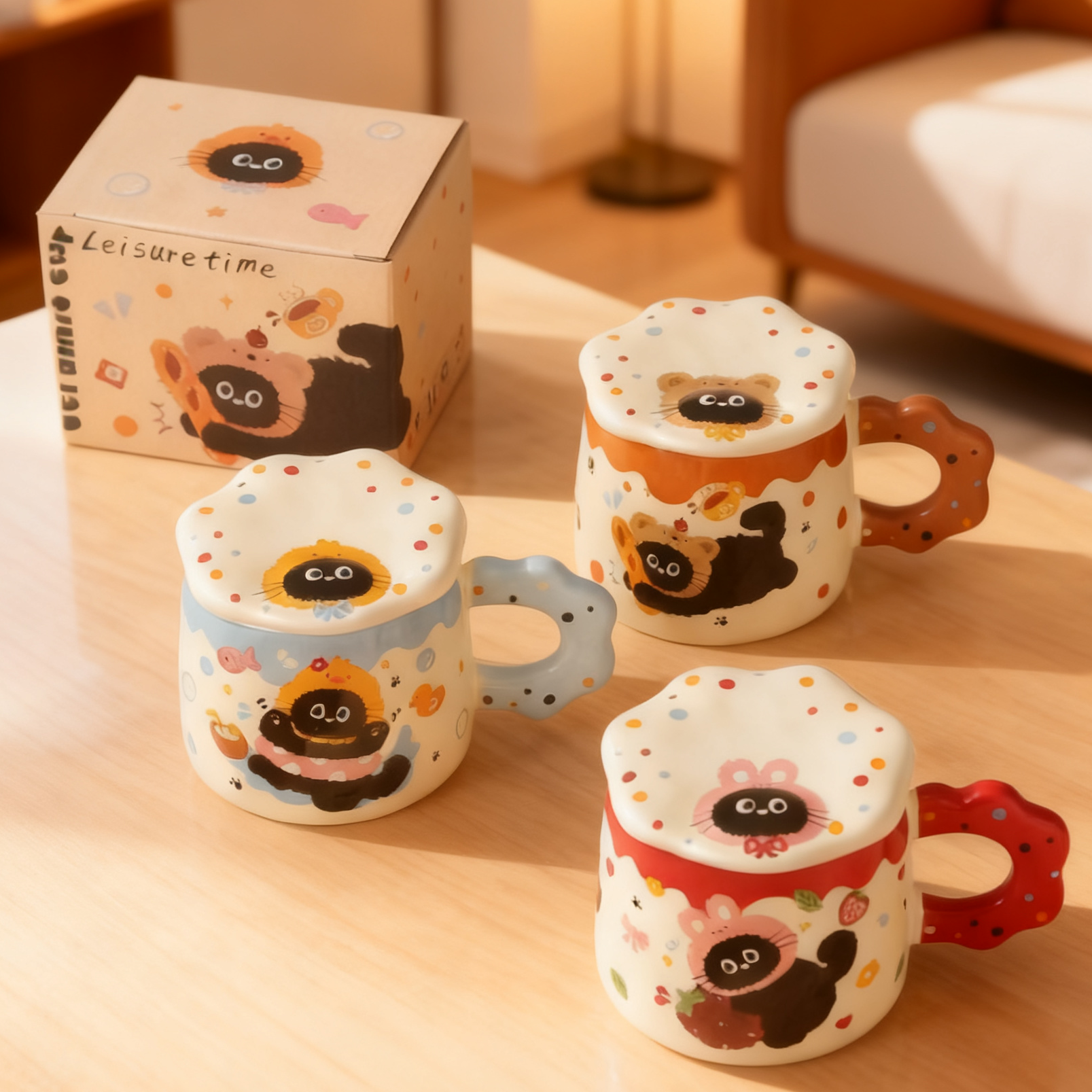 JUMILY带盖可爱马克杯子小黑猫套装卡通高颜值水杯情侣陶瓷杯伴手