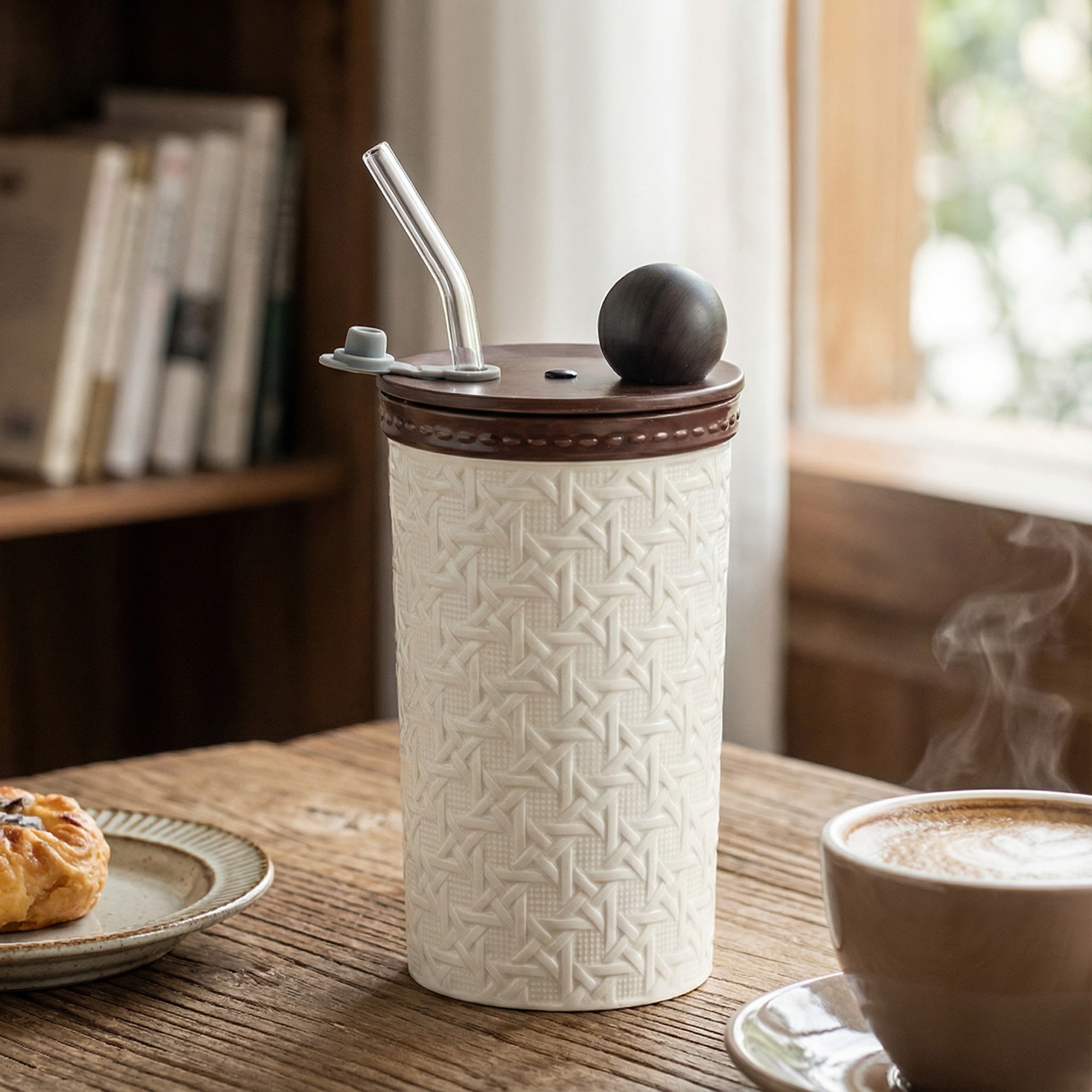 创意藤格纹吸管杯办公室用高颜值随手杯带盖喝水杯高级感生日礼品