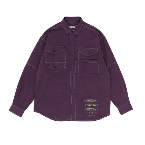 STORY MFG. Harvest Shirt Purple 宽松版型 贴花多口袋长袖衬衫