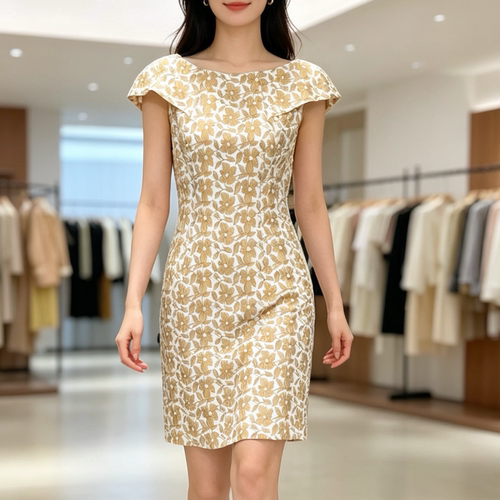 显瘦女款连衣裙2026秋季新款一字领花苞袖浪漫花卉提花连衣裙女