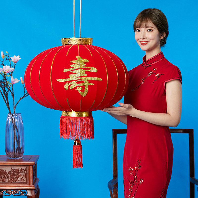 绒布大红灯笼过寿生日灯笼挂饰农村大门祝寿灯笼喜庆节庆祠堂装饰