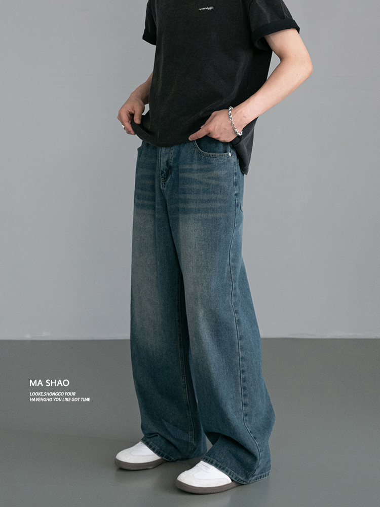 thumbnail for 2025 Autumn American Retro Vibe Elastic Waist Jeans for Men, Loose Straight-Leg Cleanfit Wide-Leg Long Pants
