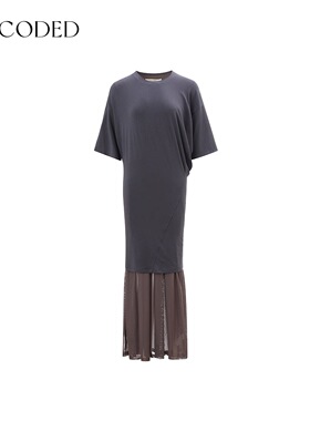Uncoded灰色高腰堆褶设计假两件连衣裙灵动飘逸秋冬新款KWWA1L205