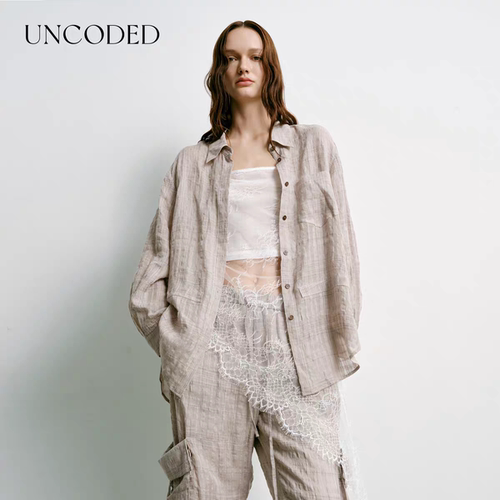 Uncoded26夏灰亚麻直筒裤松紧腰工装阔腿裤K226宽松H型衬衫 C227