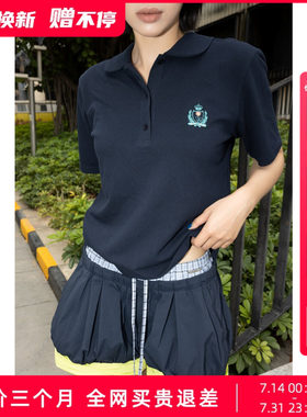 DJFL26夏藏蓝/紫红色复古polo领T恤经典绣花针织上衣女 DWLR1N052