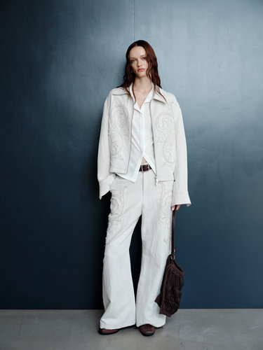 【周涛同款】Uncoded雨露麻米色贴布珠链绣外套W018珠链绣花长裤