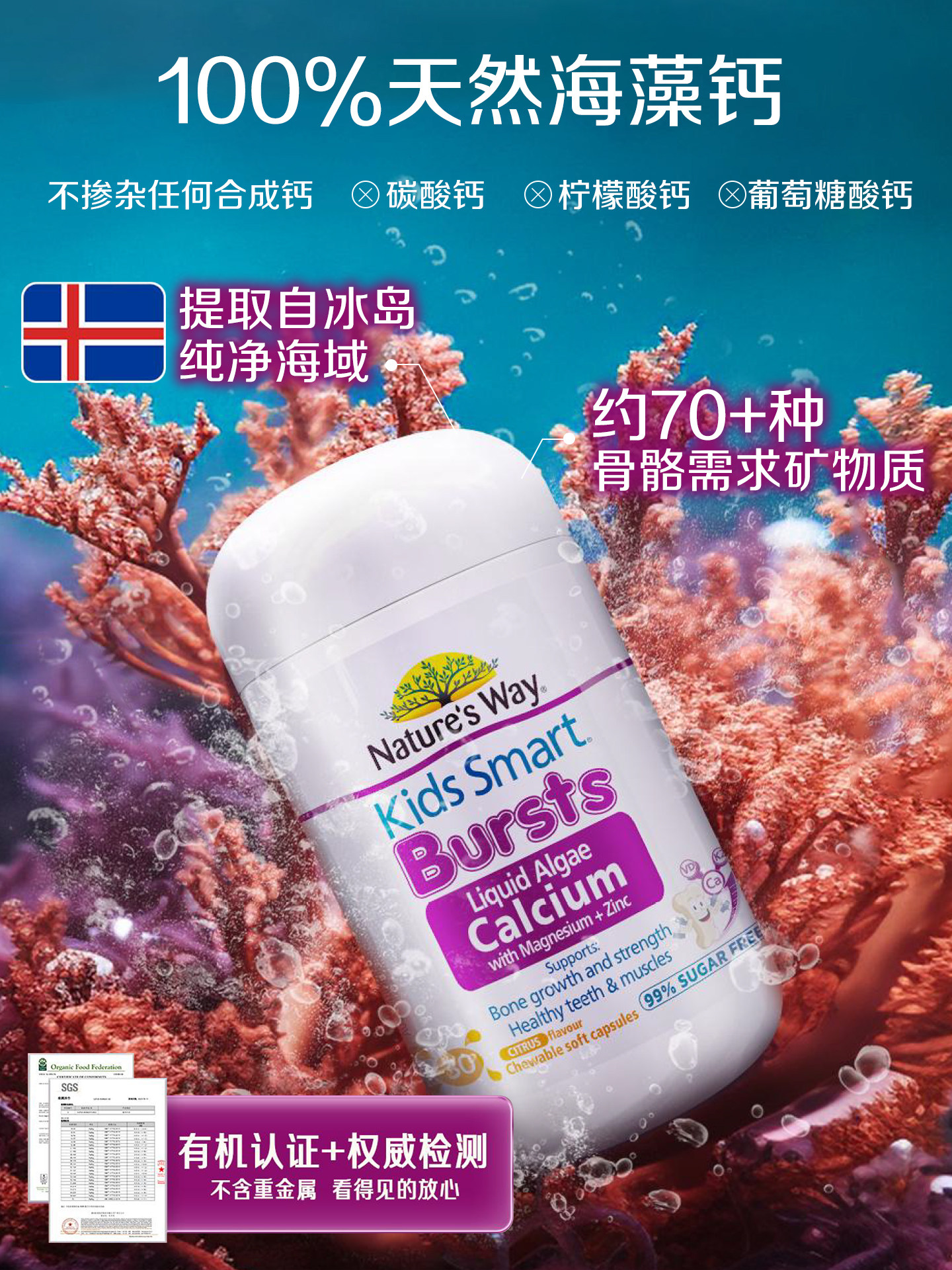 Nature's Way佳思敏天然液体海藻钙有机儿童钙镁锌钙片维生素K2D3