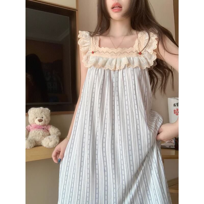 法式公主风睡裙女夏季吊带背心睡衣甜美带胸垫家居服可爱跨境批发
