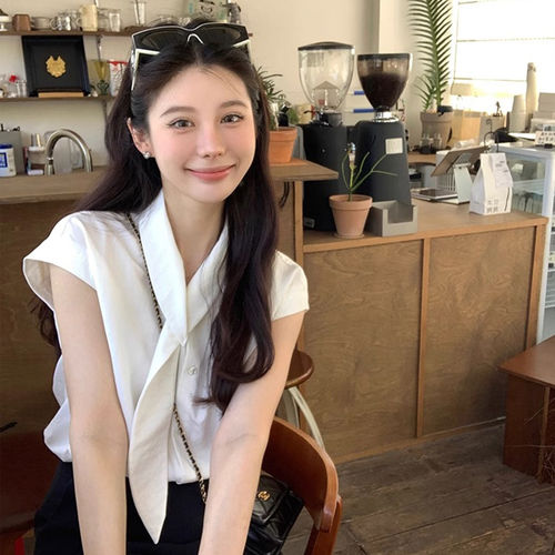 法式白色飘带短袖衬衫女