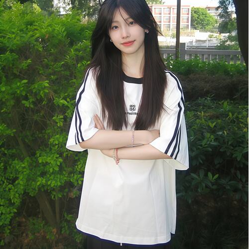 美式学院风三条杠白色短