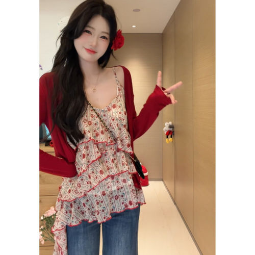 红色短款冰丝防晒针织开