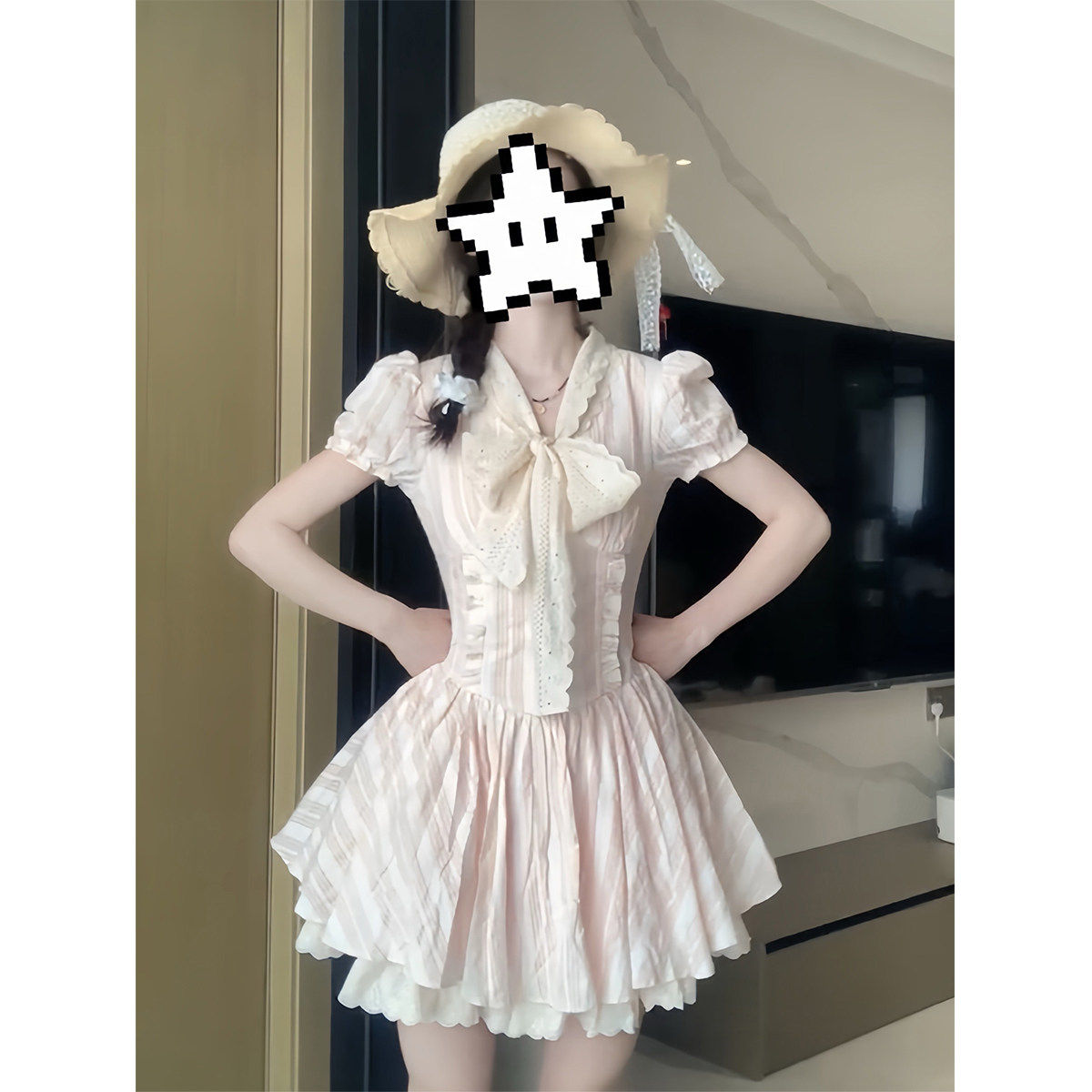法式甜美蝴蝶结粉色洋装女夏日绝美少女在逃公主裙收腰蓬蓬裙子