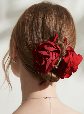 DAINEI岱妮漫步蔷薇抓夹红色女高级感大号鲨鱼夹盘发马尾新年发饰